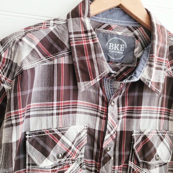 Buckle BKE Shirt Mens Medium Brown Plaid Pearl Snap Button Western Relaxed Fit - Picture 4 of 8